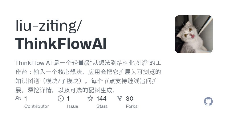 GitHub - liu-ziting/ThinkFlowAI: ThinkFlow AI 是一个轻量级“从想法到结构化图谱”的工作台：输入一个核心想法，应用会把它扩展为可浏览的知识图谱（模块/子模块）。每个节点支持继续追问扩展、深挖详情，以及可选的配图生成。