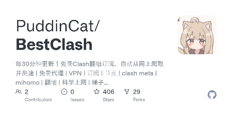 GitHub - PuddinCat/BestClash: 每30分钟更新！免费Clash翻墙订阅，自动从网上爬取并测速 | 免费代理 | VPN | 订阅 | 节点 | clash meta | mihomo | 翻墙 | 科学上网 | 梯子 |