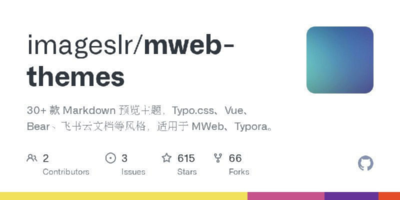GitHub - imageslr/mweb-themes: 30+ 款 Markdown 预览主题，Typo.css、Vue、Bear、飞书云文档等风格，适用于 MWeb、Typora。