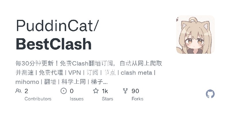 GitHub - PuddinCat/BestClash: 每30分钟更新！免费Clash翻墙订阅，自动从网上爬取并测速 | 免费代理 | VPN | 订阅 | 节点 | clash meta | mihomo | 翻墙 | 科学上网 | 梯子 |