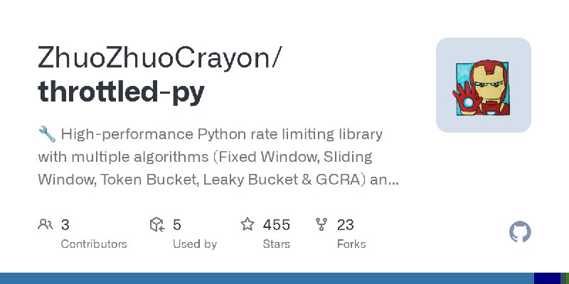 GitHub - ZhuoZhuoCrayon/throttled-py: 🔧 High-performance Python rate limiting library with multiple algorithms (Fixed Window, Sliding…