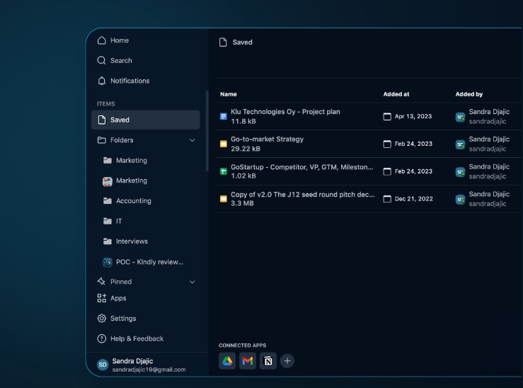 #AI #搜索 #集成带有AI和各种集成的无缝、统一内部搜索程序Klu可以搜索和扫描您的所有应用程序，文件， PDF 和消息以查找您需要的信息只需输入一个关键字，然后 Klu将为您找到它 – 从文档，电子邮件， 与客户文件的对话