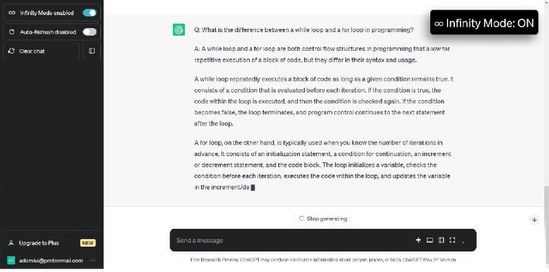 #AI #GPTChatGPT Infinity-一个附加组件，使ChatGPT在任何主题上生成无限的答案介绍这是一个免费的浏览器扩展脚本，使ChatGPT在任何主题上生成无限的答案！开源：
