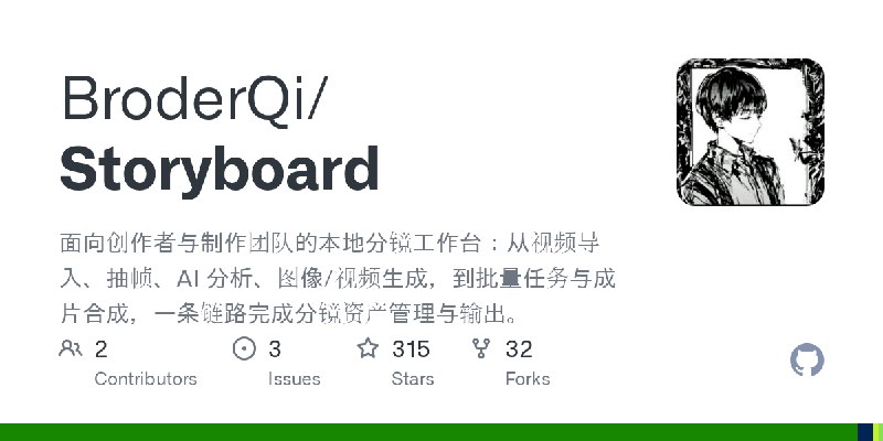 GitHub - BroderQi/Storyboard: 面向创作者与制作团队的本地分镜工作台：从视频导入、抽帧、AI 分析、图像/视频生成，到批量任务与成片合成，一条链路完成分镜资产管理与输出。