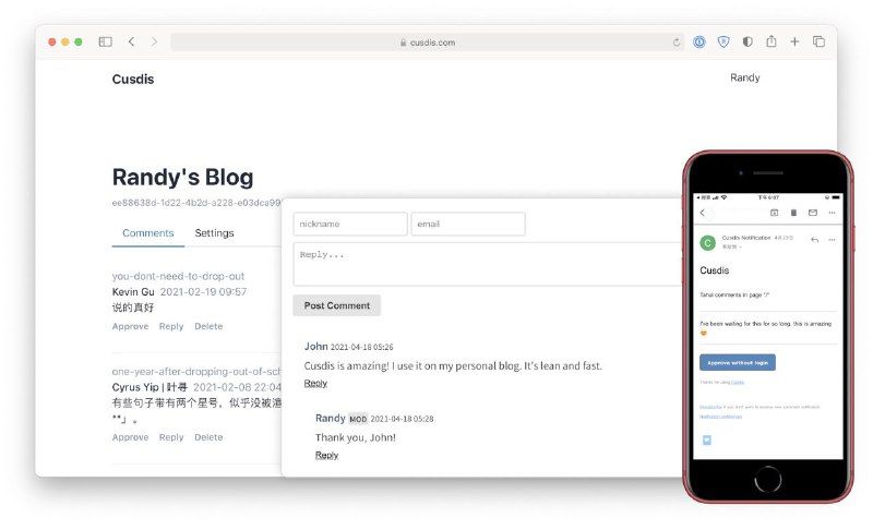 #Blog #GitHub情报 💬 Cusdis：开源、轻量级的静态博客评论系统GitHub | Wiki | Demo👉 Features：- 轻量级（JS SDK 压缩后约 5KB）- 评论无需提供邮箱，隐私友好- 支持通过后台仪表盘管理评论- 支持通过电子邮件通知新评论- 提供 Webhook，可与 Telegram Bot 集成- 支持一键导入 Disqus 数据- 与 Hugo、Hexo、React 等静态博客集成- i18n 支持，Dark Mode 适配👀 轻量和简洁的静态博客评论系统，相比于一众评论系统需要邮箱或注册账号进行评论，Cusdis 评论的门槛相对较低